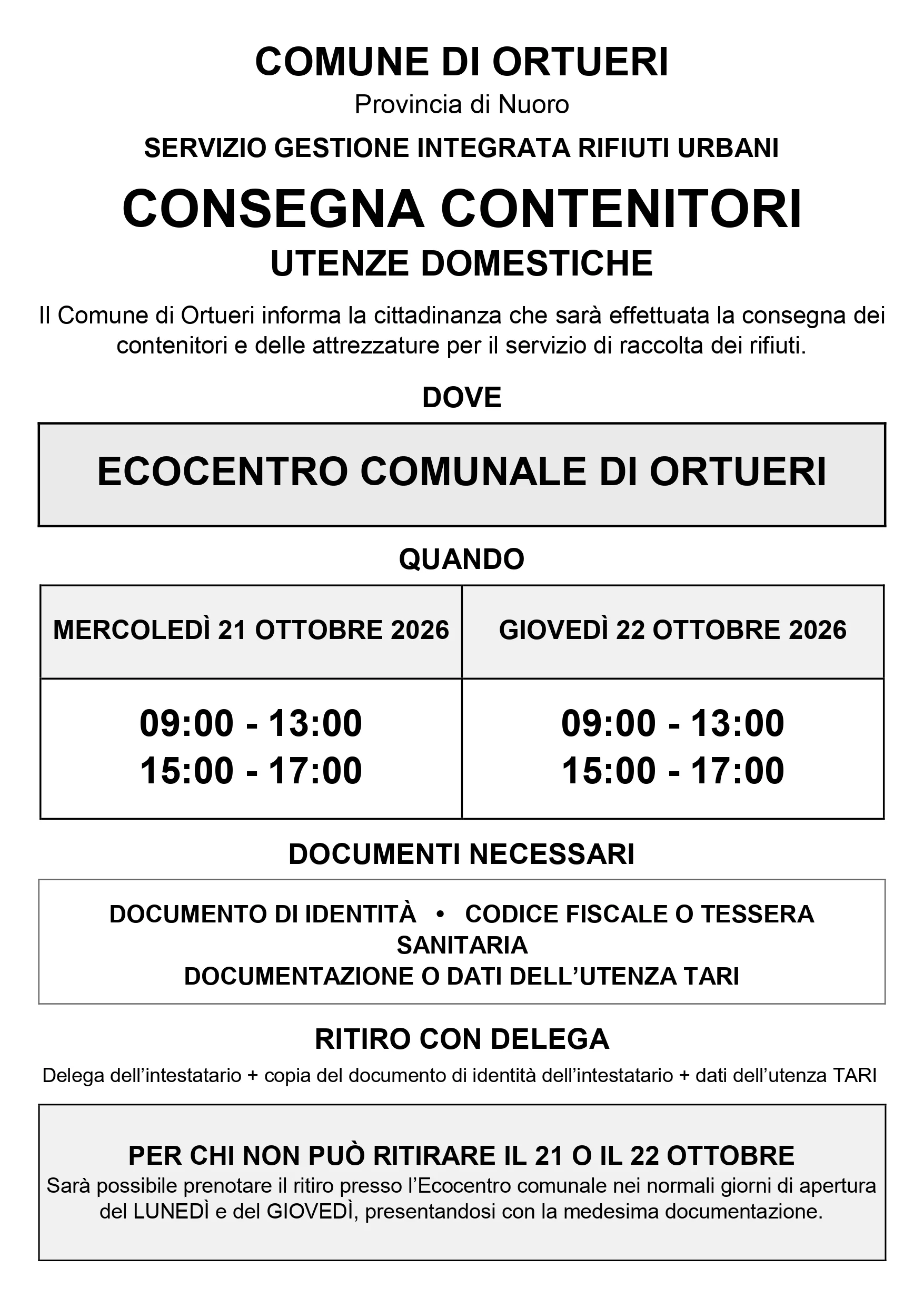 Avviso consegna contenitori utenze domestiche