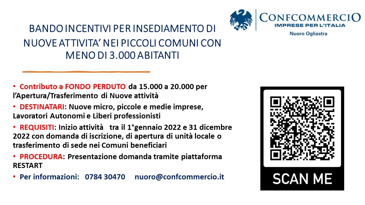 Bando incentivi per insediamento nuove attivita’ nei piccoli comuni