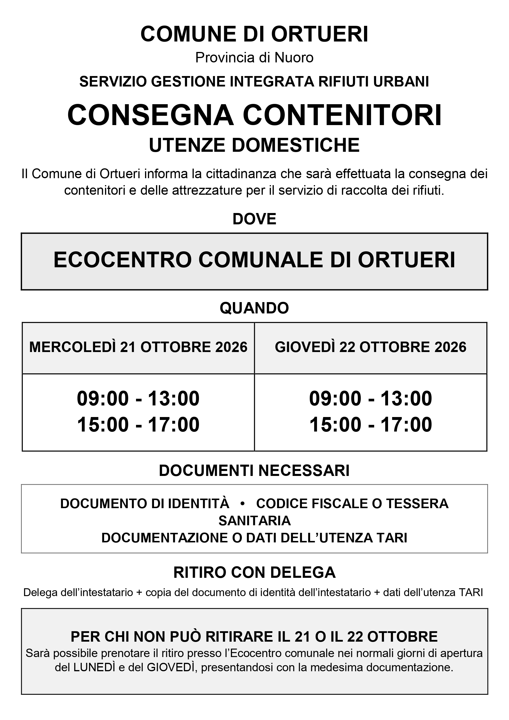 AVVISO CONSEGNA CONTENITORI UTENZE DOMESTICHE