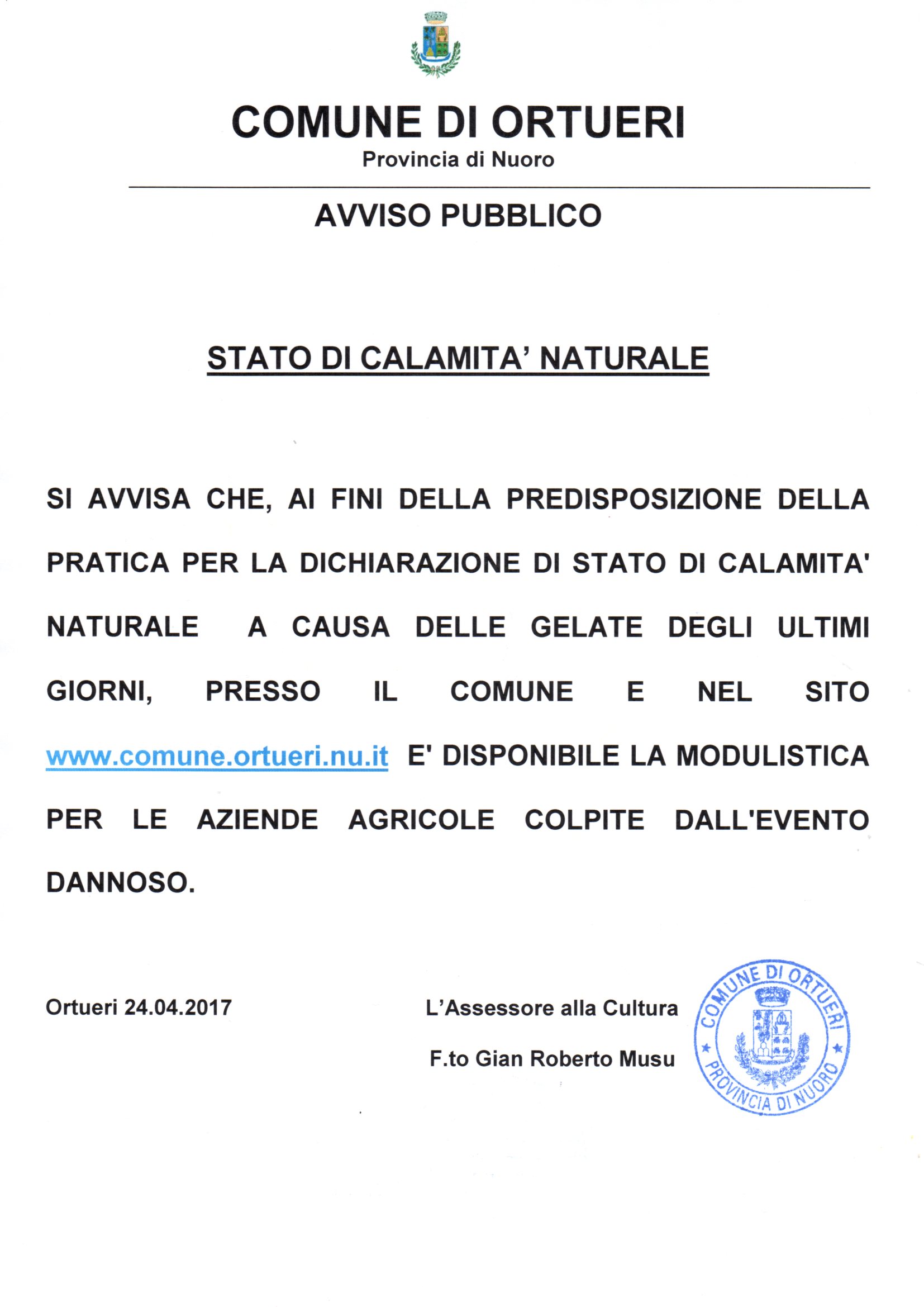 MODULISTICA PER LA DICHIARAZIONE DI STATO DI CALAMITA' NATURALE