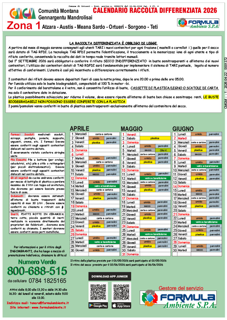 CALENDARIO RACCOLTA DIFFERENZIATA 2026