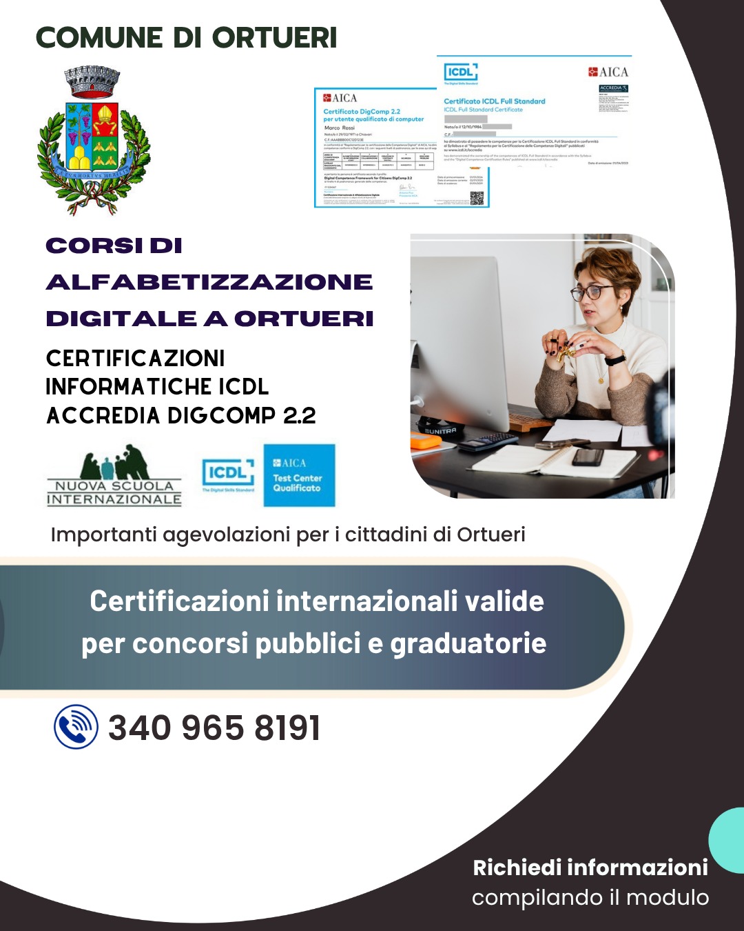 CORSI DI ALFABETIZZAZIONE DIGITALE A ORTUERI: SONO APERTE LE ISCRIZIONI