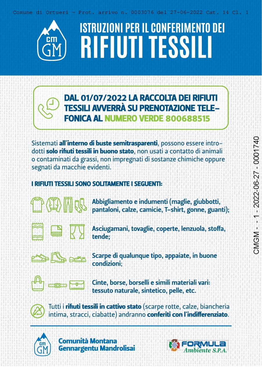 CONFERIMENTO DEI RIFIUTI TESSILI E RACCOLTA PICCOLE QUANTITA' DI INERTI