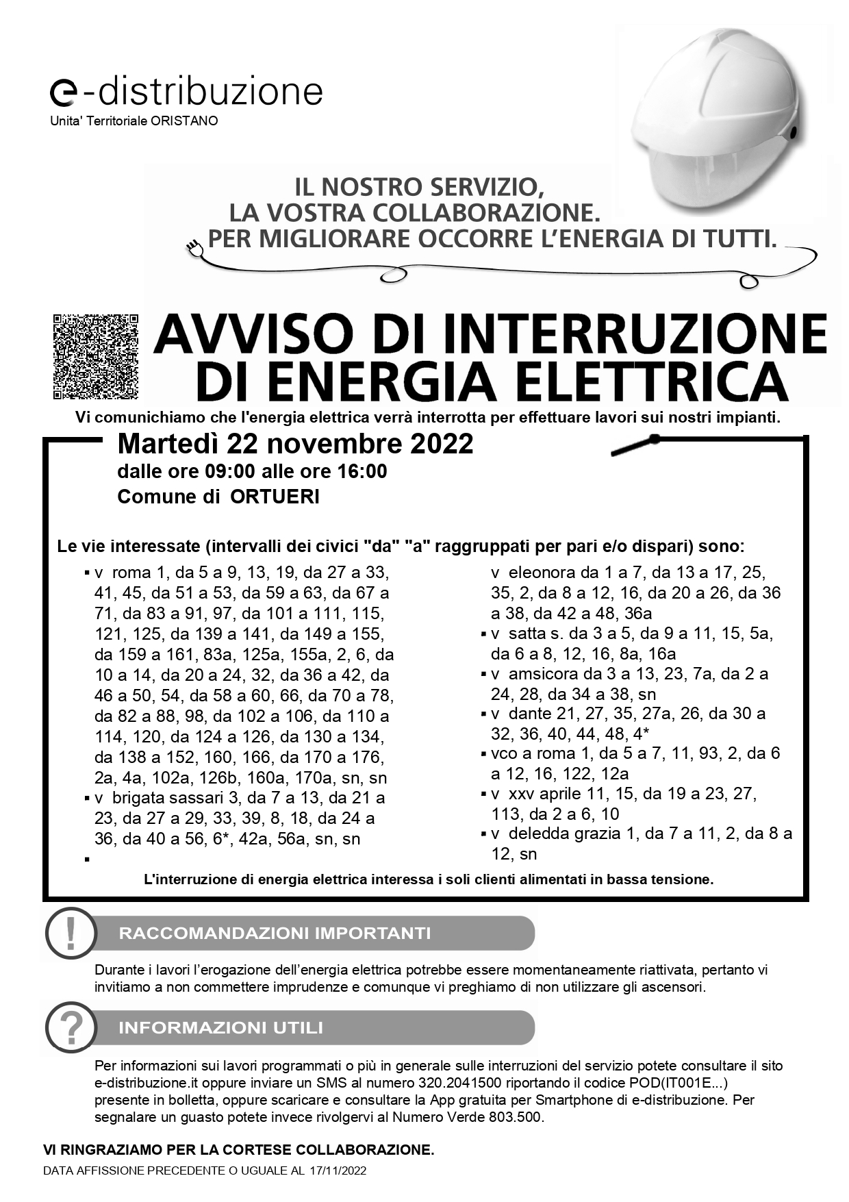 AVVISO INTERRUZIONE CORRENTE ELETTRICA PER IL 22.11.2022 H. 9.00- H 16.00
